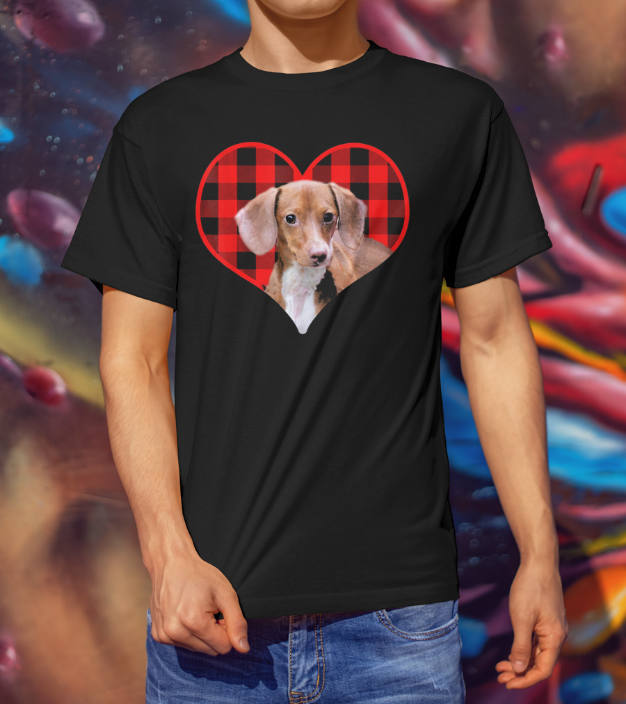 Dachshund In Red Plaid Heart Valentine's Day T-Shirt