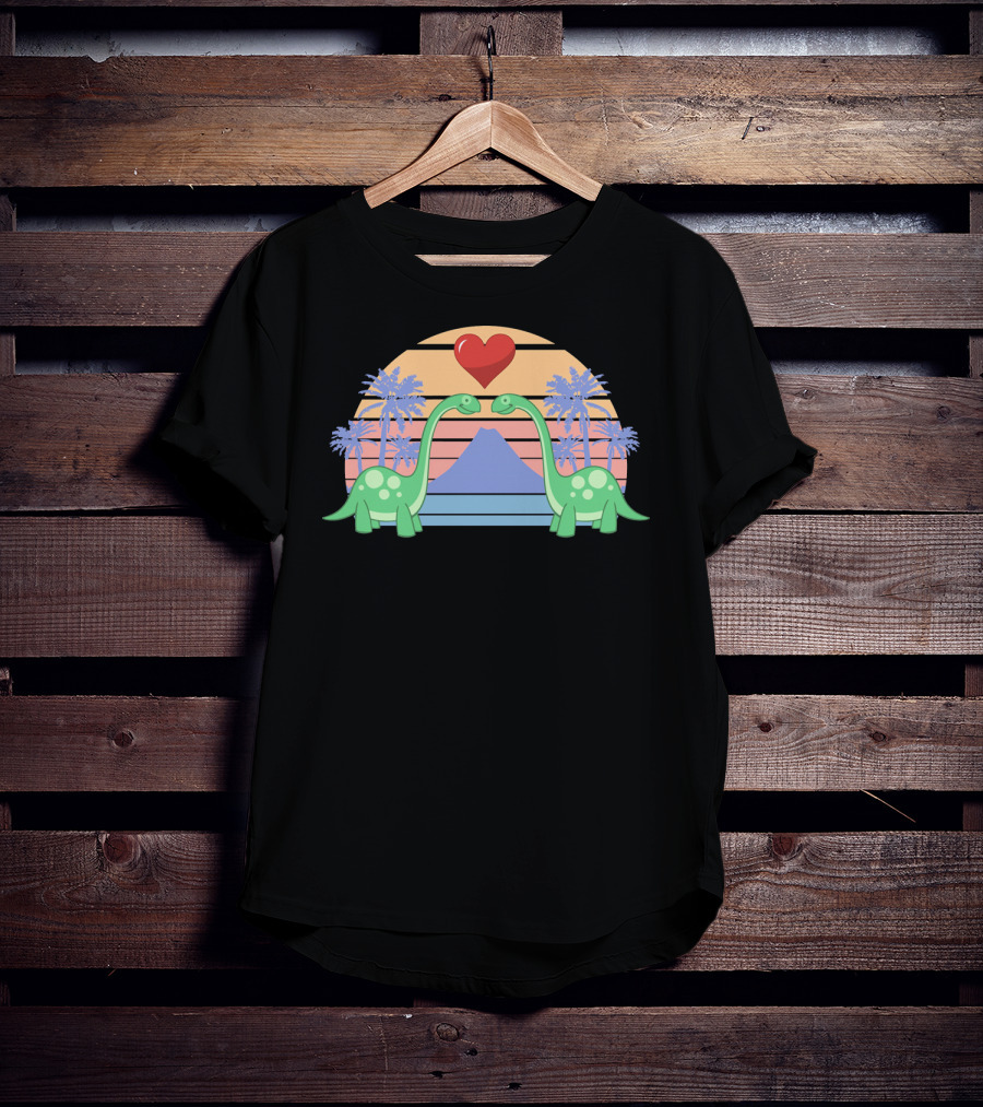 Dino Valentine Romantic Sunset With Heart And Palm Trees T-Shirt