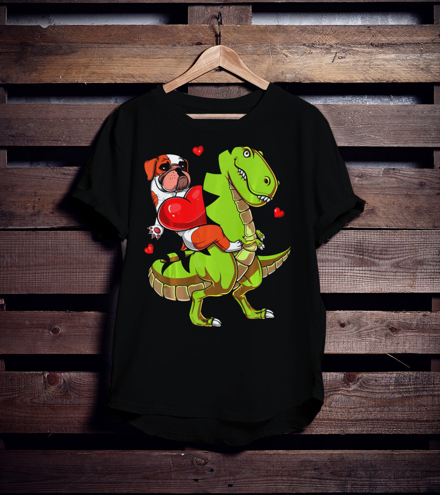 English Bulldog Hugging Red Heart Riding Green T-Rex Dinosaur With Hearts T-Shirt
