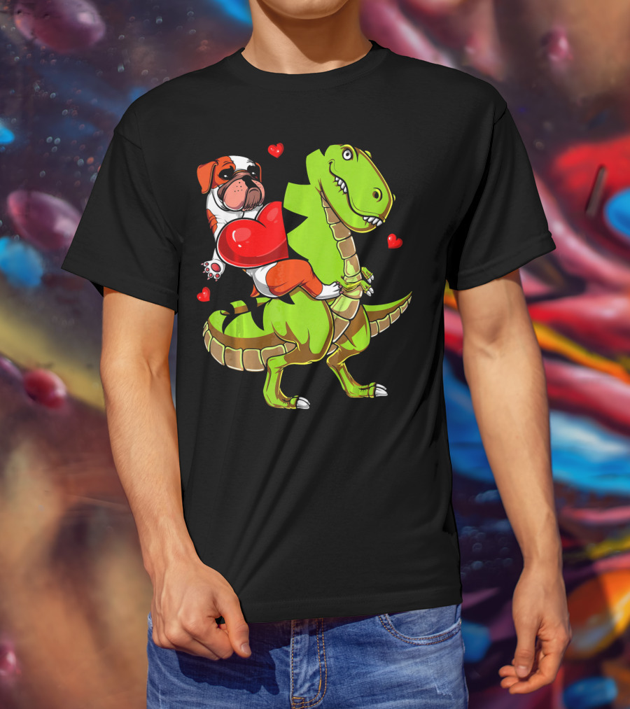 English Bulldog Hugging Red Heart Riding Green T-Rex Dinosaur With Hearts T-Shirt