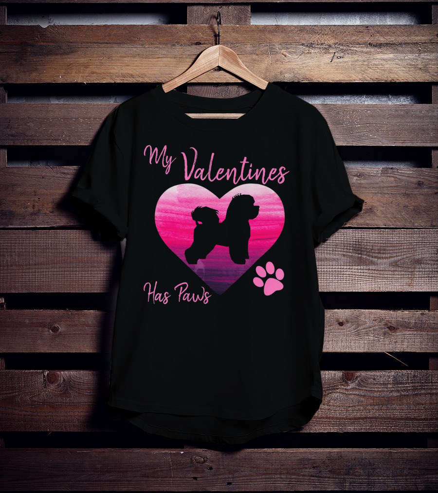 My Valentines Has Paws Bichon Frise Heart And Pawprint T-Shirt