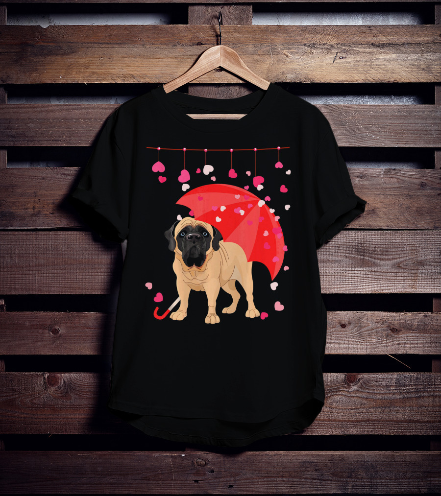 English Mastiff Under Red Umbrella With Raining Hearts Valentine T-Shirt