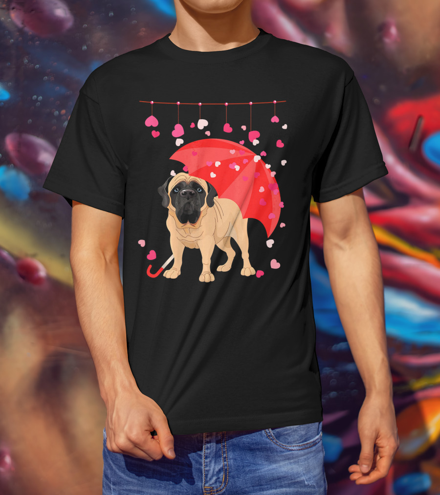 English Mastiff Under Red Umbrella With Raining Hearts Valentine T-Shirt