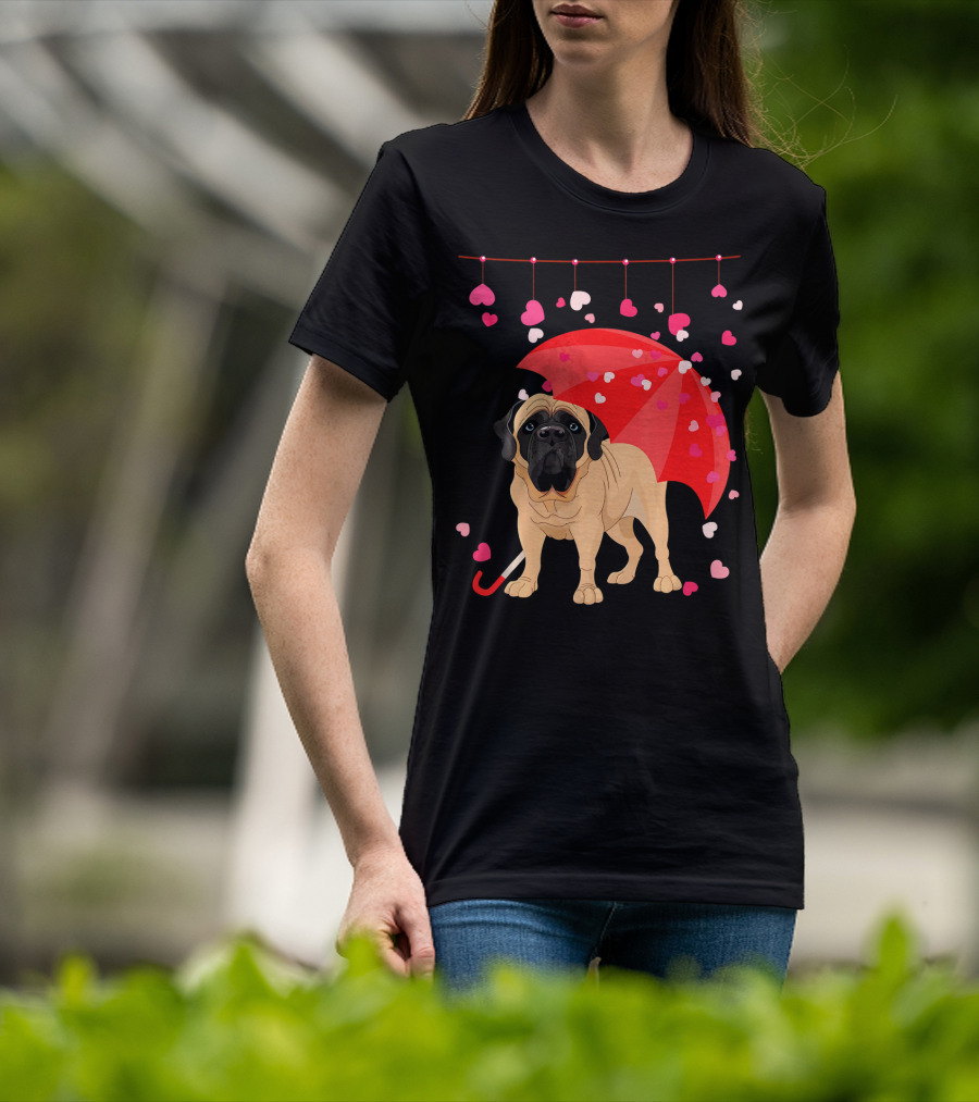 English Mastiff Under Red Umbrella With Raining Hearts Valentine T-Shirt