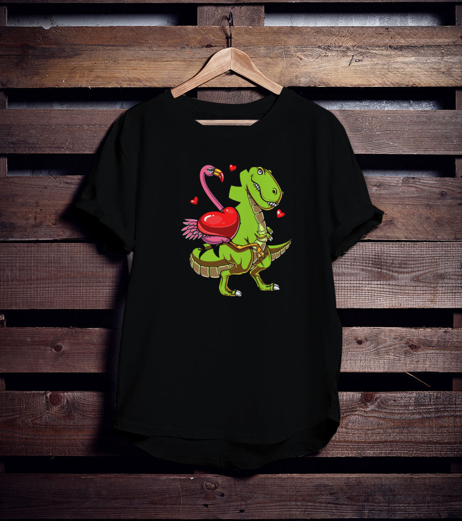 Flamingo Riding T-Rex Dinosaur With Hearts T-Shirt