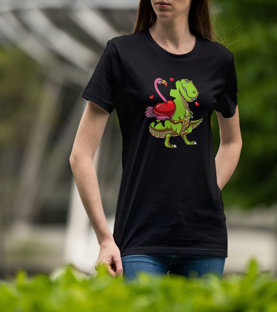 Flamingo Riding T-Rex Dinosaur With Hearts T-Shirt