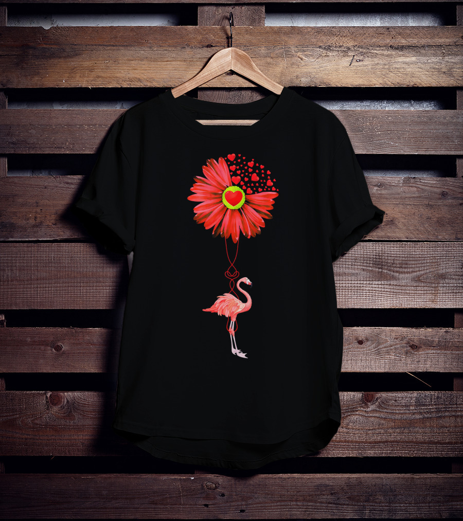 Flamingo With Red Heart Sunflower And Balloon Of Love T-Shirt
