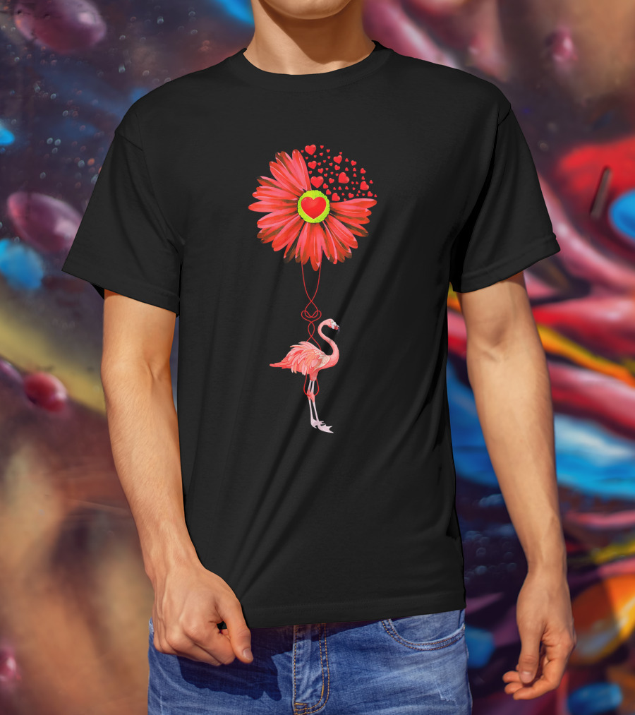 Flamingo With Red Heart Sunflower And Balloon Of Love T-Shirt