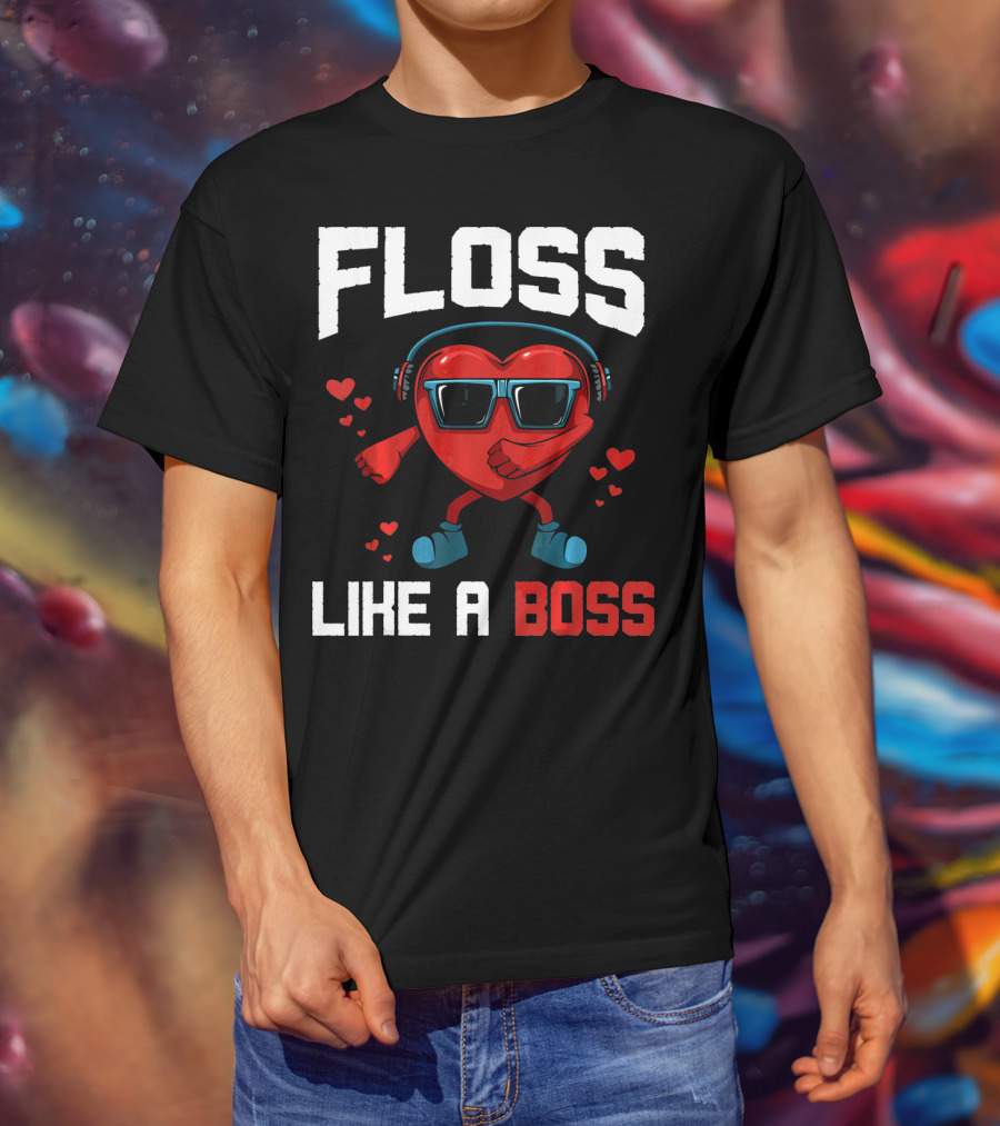 Floss Like A Boss Heart Sunglasses Headphones Valentine's Day T-Shirt
