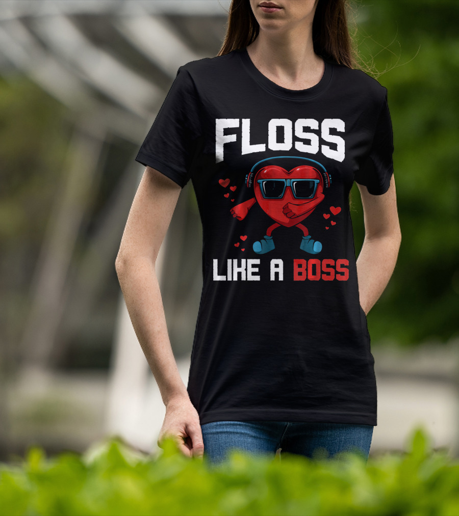 Floss Like A Boss Heart Sunglasses Headphones Valentine's Day T-Shirt
