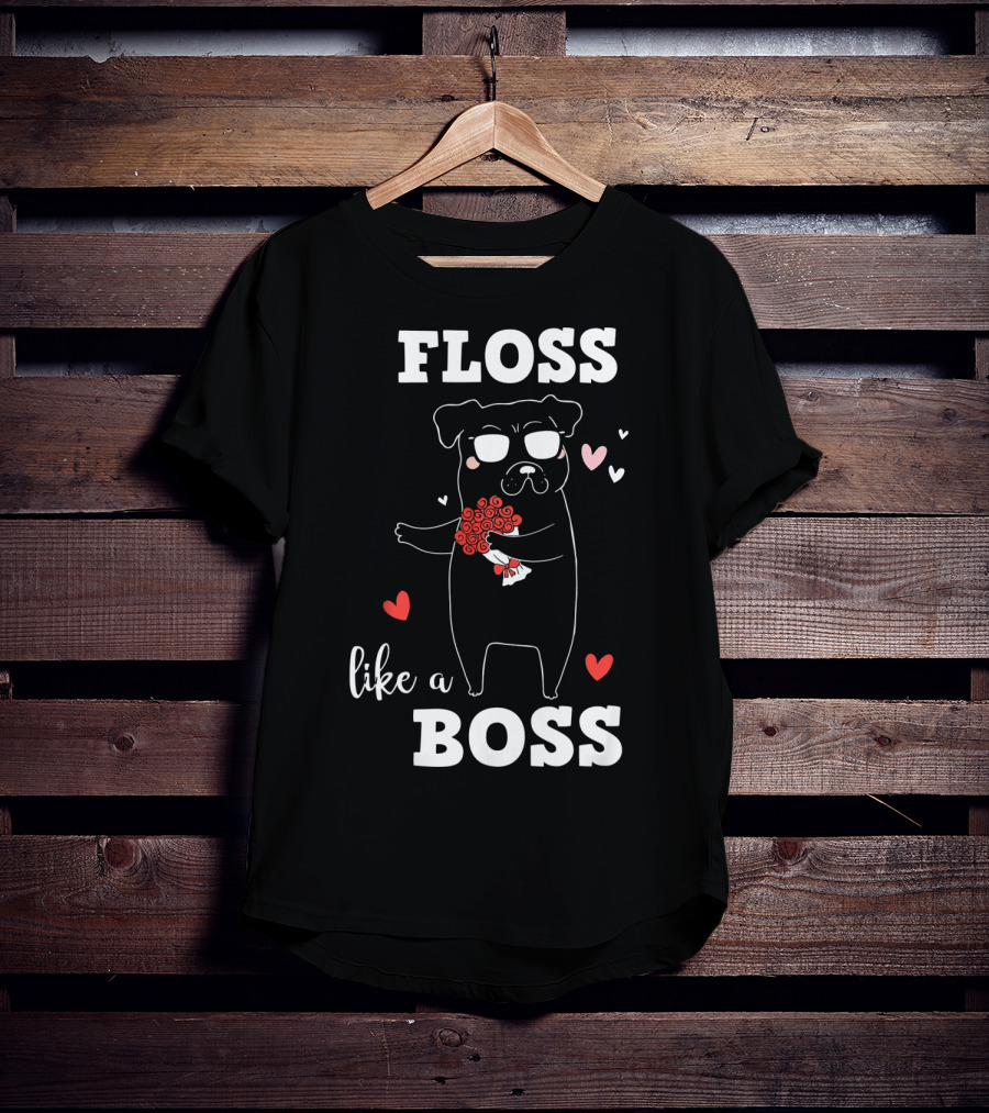 Floss Like A Boss Valentines Day Dog Holding Flowers With Hearts T-Shirt