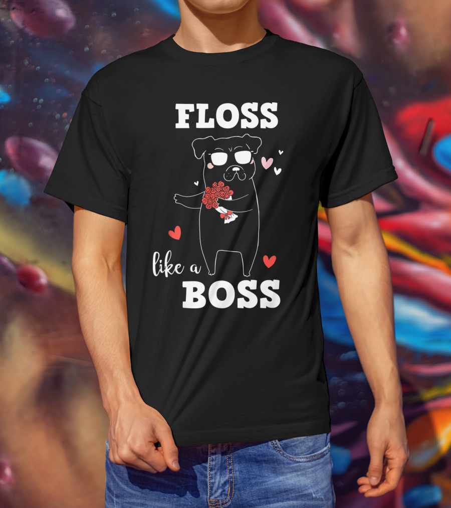 Floss Like A Boss Valentines Day Dog Holding Flowers With Hearts T-Shirt