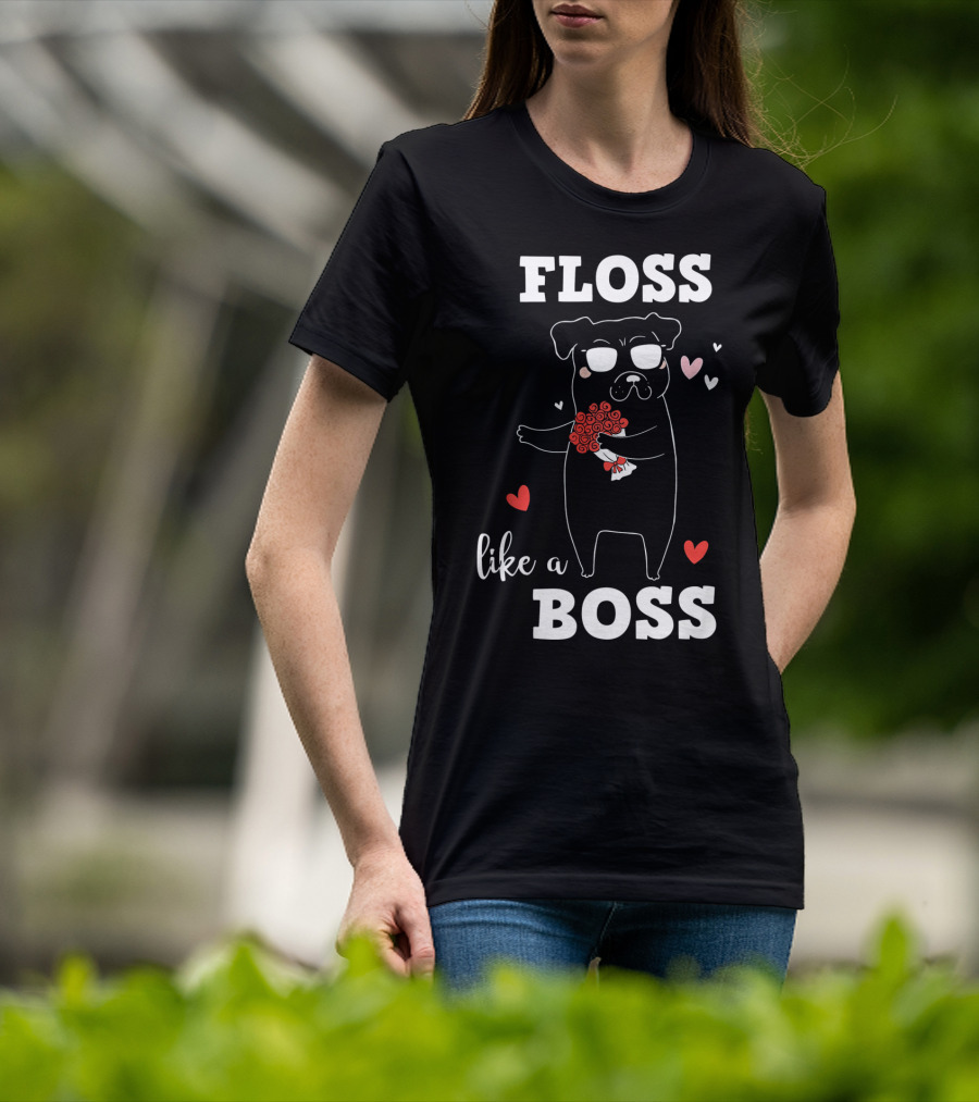 Floss Like A Boss Valentines Day Dog Holding Flowers With Hearts T-Shirt