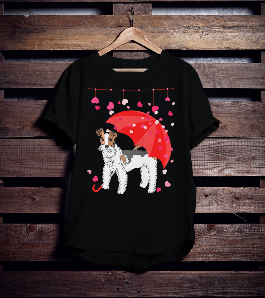 Fox Terrier With Red Umbrella And Falling Hearts Valentines T-Shirt