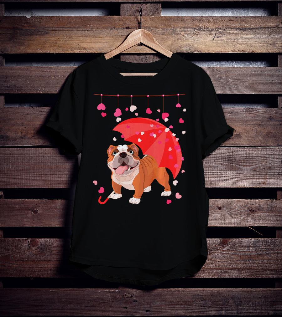 French Bulldog Raining Hearts Under Red Umbrella Valentines T-Shirt