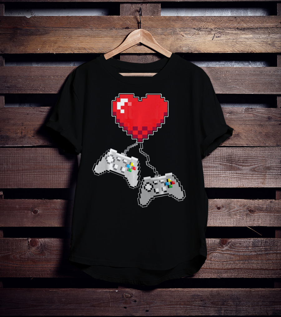 Pixel Heart Gaming Valentine Dual Controller Fun T-Shirt