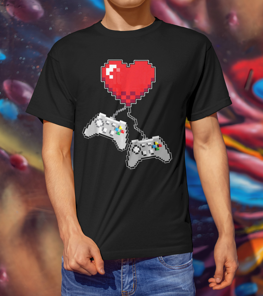 Pixel Heart Gaming Valentine Dual Controller Fun T-Shirt