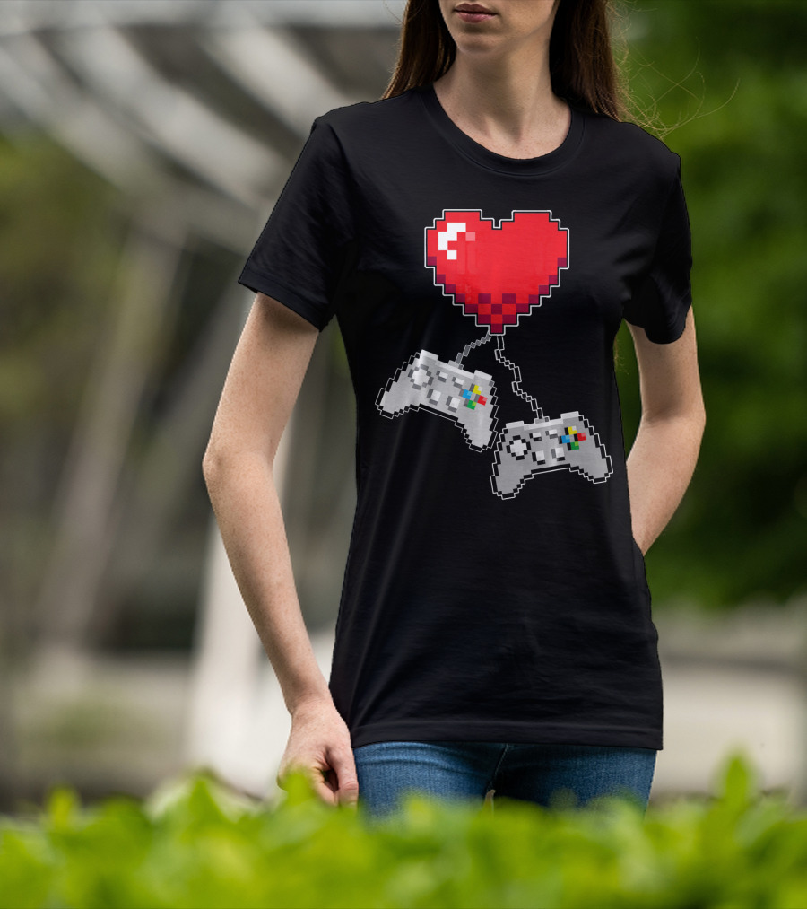 Pixel Heart Gaming Valentine Dual Controller Fun T-Shirt