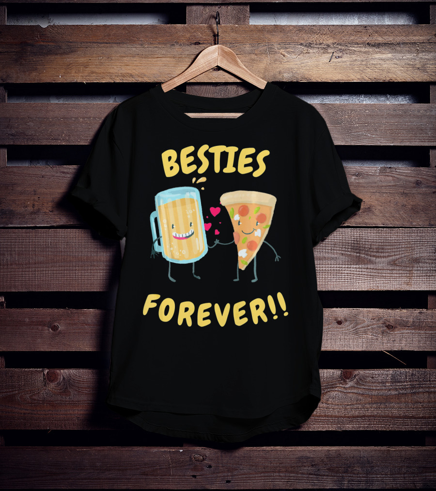Besties Forever Beer And Pizza Lover Characters T-Shirt