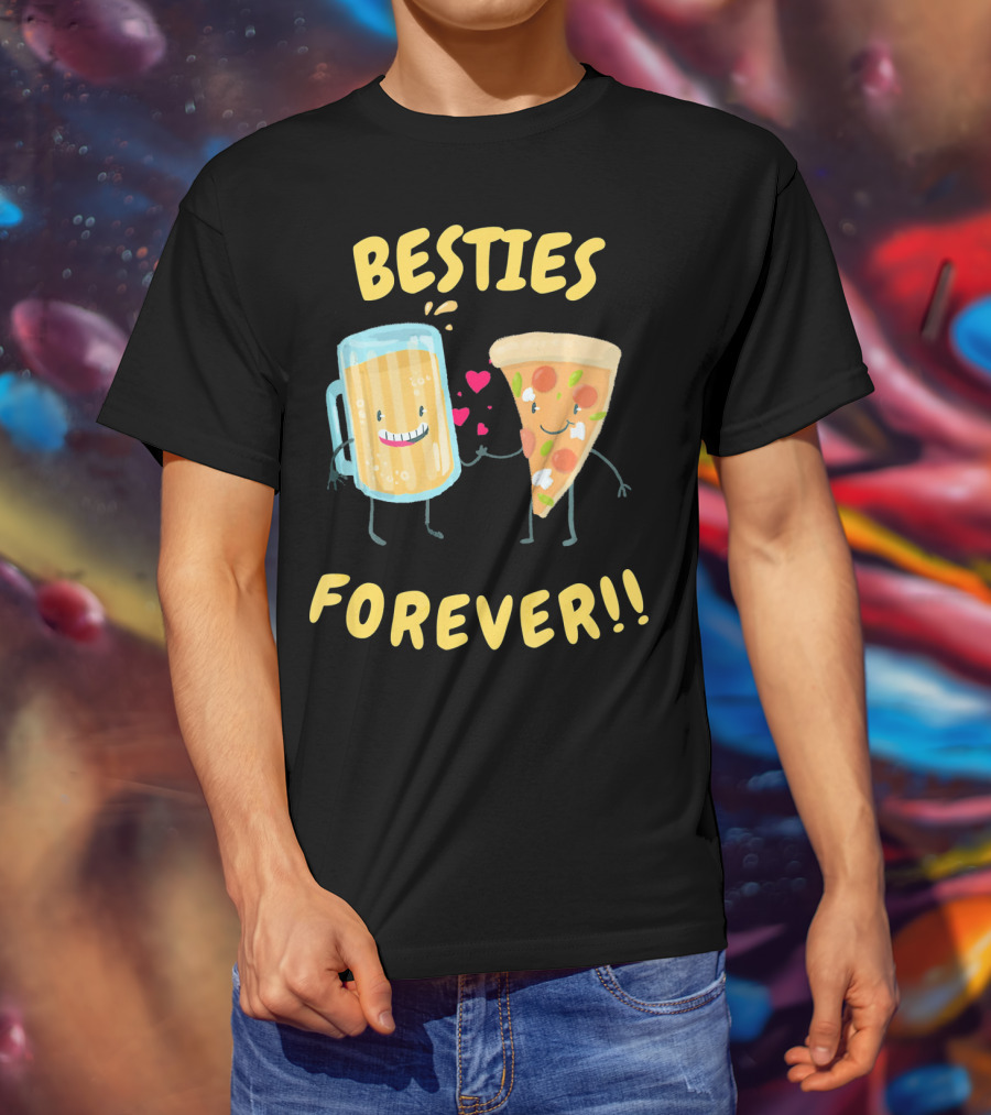 Besties Forever Beer And Pizza Lover Characters T-Shirt