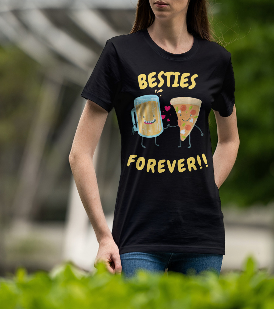 Besties Forever Beer And Pizza Lover Characters T-Shirt