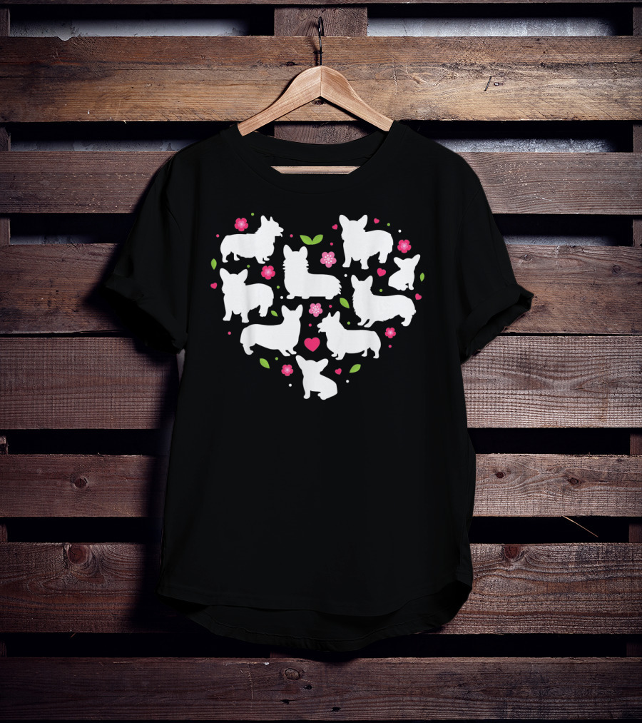 Corgi Silhouettes Heart Valentines Day Cute Dogs And Flowers T-Shirt