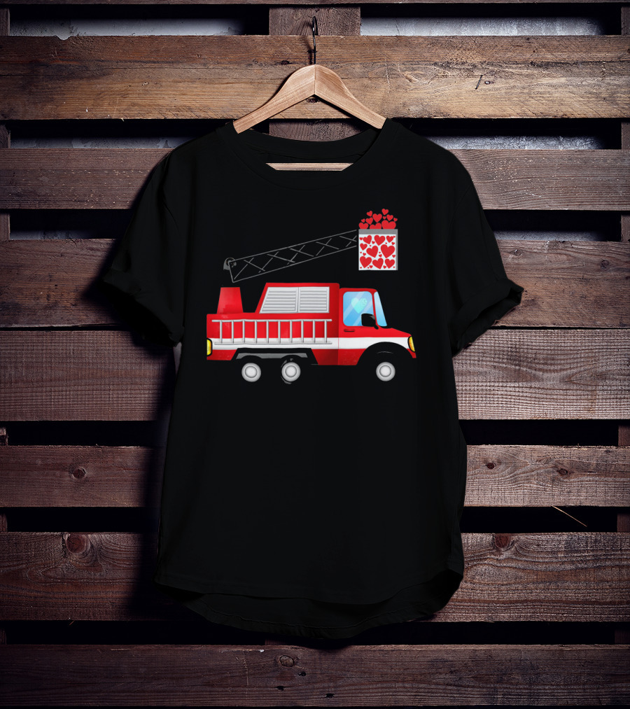 Valentine Hearts Fire Truck With Ladder And Firefighter Emblem T-Shirt