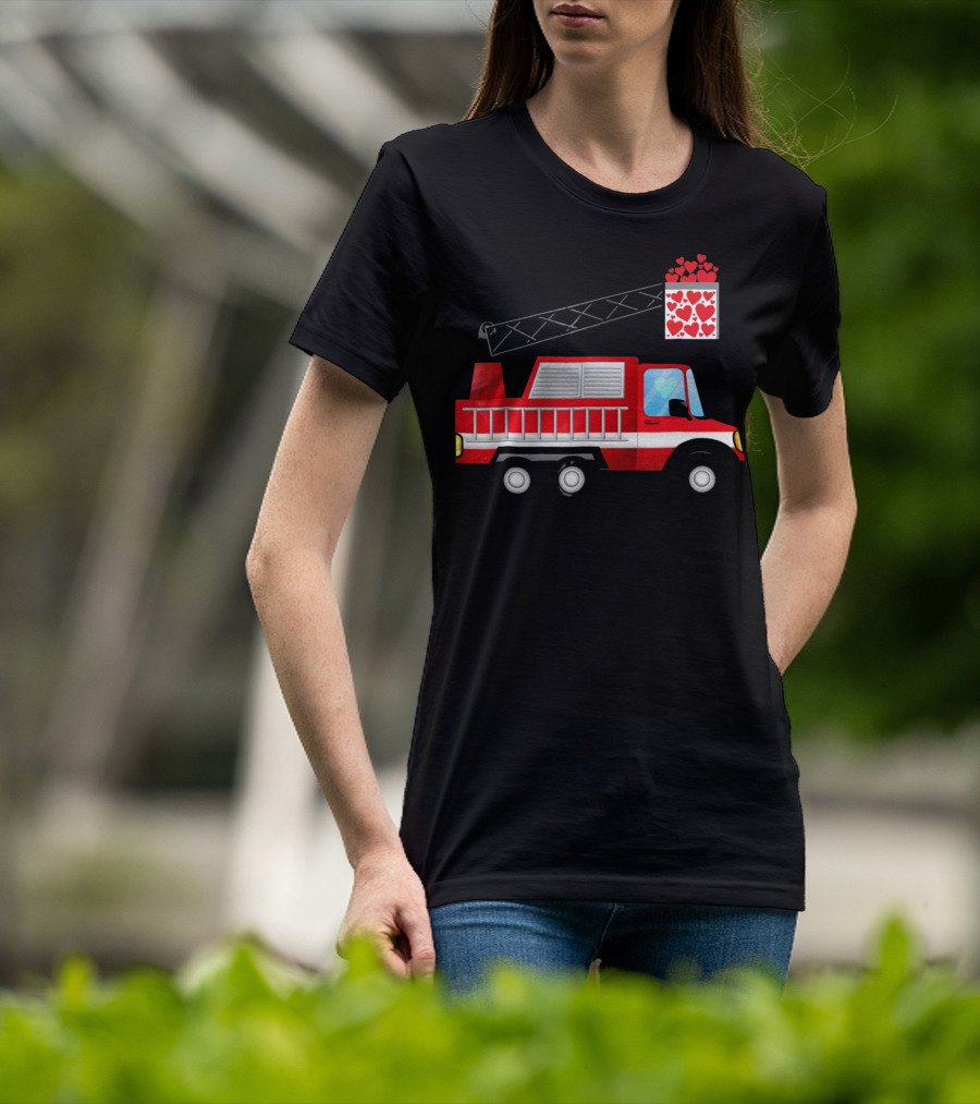 Valentine Hearts Fire Truck With Ladder And Firefighter Emblem T-Shirt