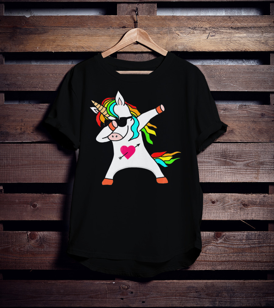 Funny Heart Valentines Day Dabbing Unicorn With Rainbow Mane And Sunglasses T-Shirt