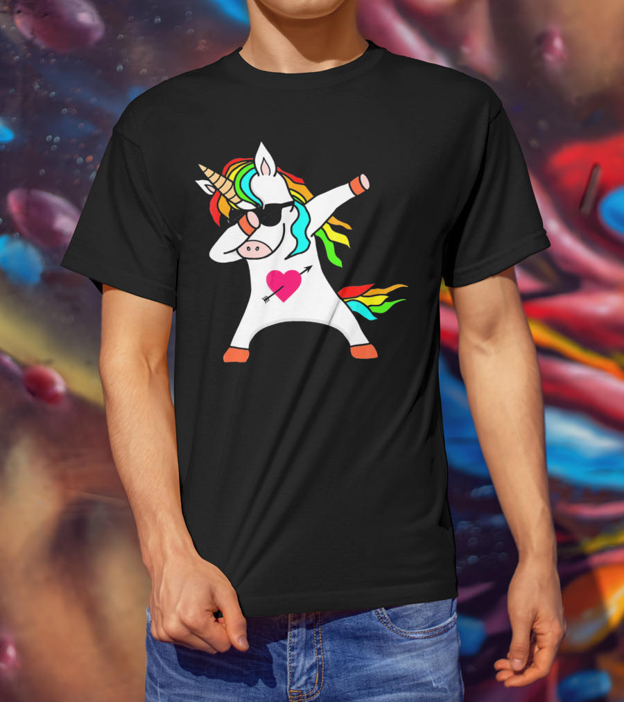 Funny Heart Valentines Day Dabbing Unicorn With Rainbow Mane And Sunglasses T-Shirt