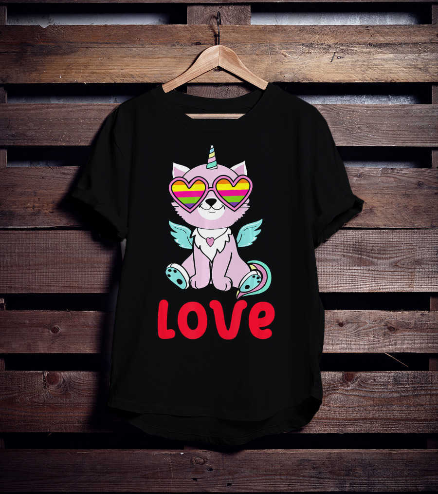 Valentines Day Love Heart Caticorn With Rainbow Sunglasses T-Shirt