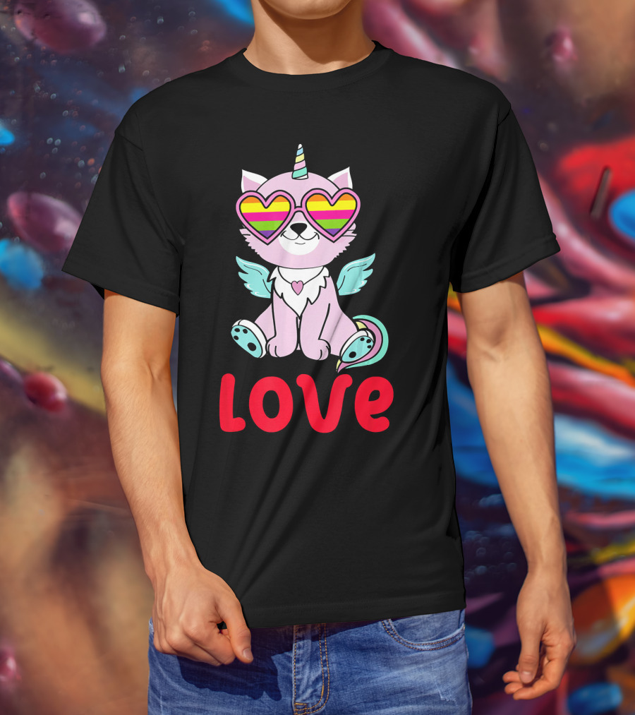 Valentines Day Love Heart Caticorn With Rainbow Sunglasses T-Shirt