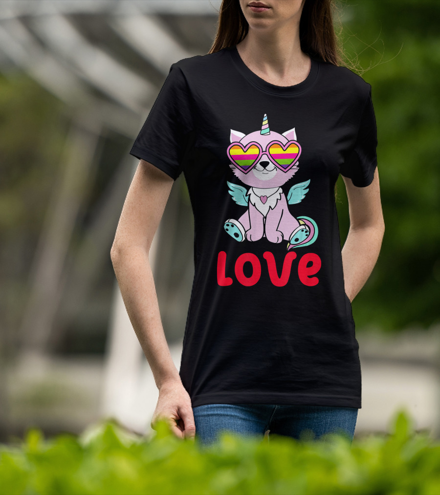 Valentines Day Love Heart Caticorn With Rainbow Sunglasses T-Shirt