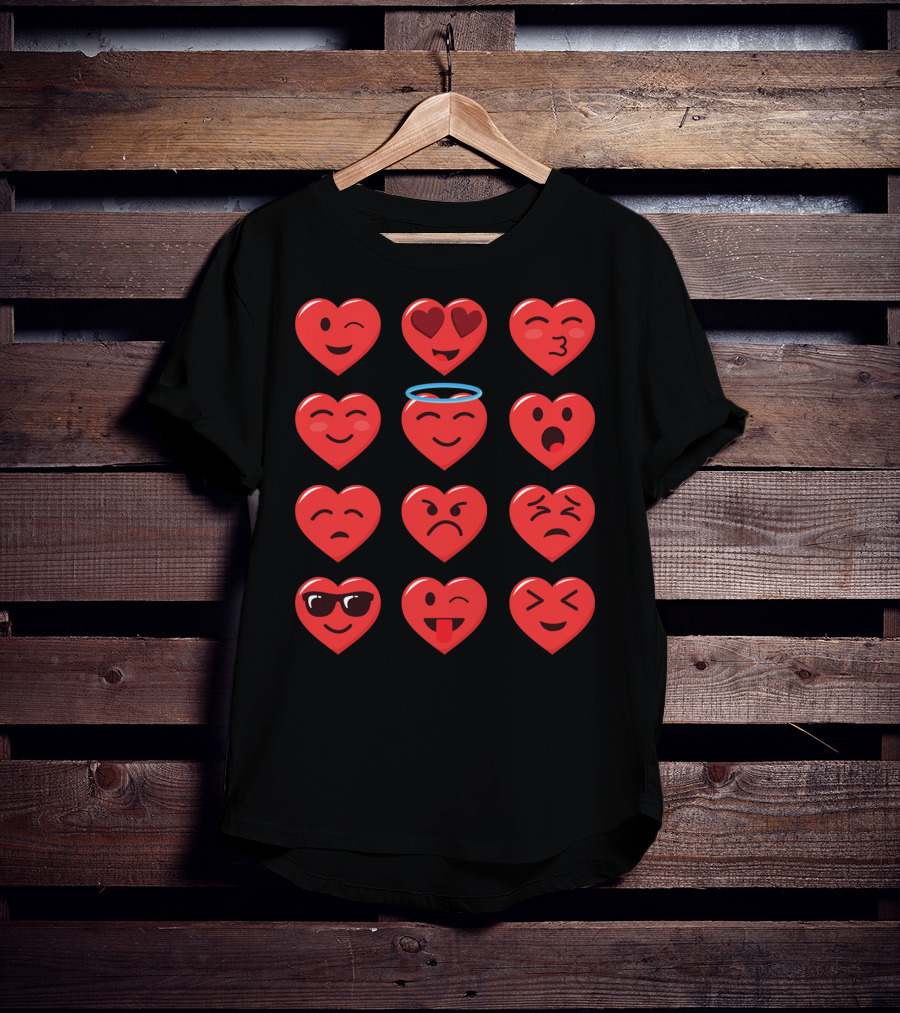 Funny Valentines Day Heart Emojico Winking Heart Eyes Angel Sunglasses Tongue Out T-Shirt