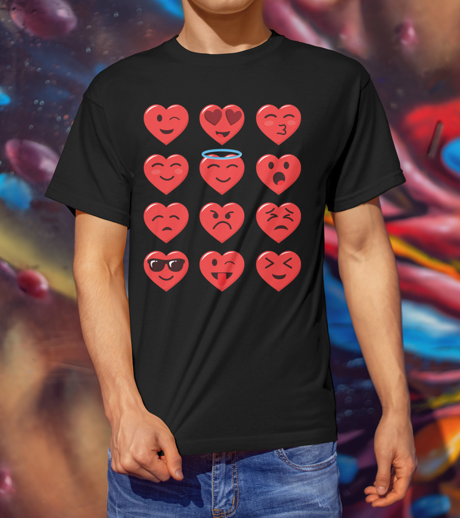 Funny Valentines Day Heart Emojico Winking Heart Eyes Angel Sunglasses Tongue Out T-Shirt