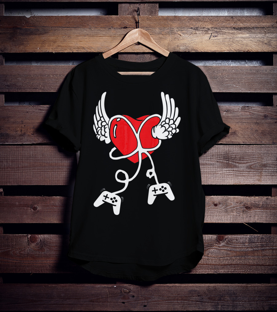Valentines Day Heart With Wings And Video Gamer Controllers T-Shirt