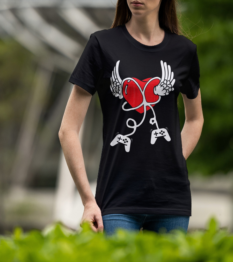 Valentines Day Heart With Wings And Video Gamer Controllers T-Shirt