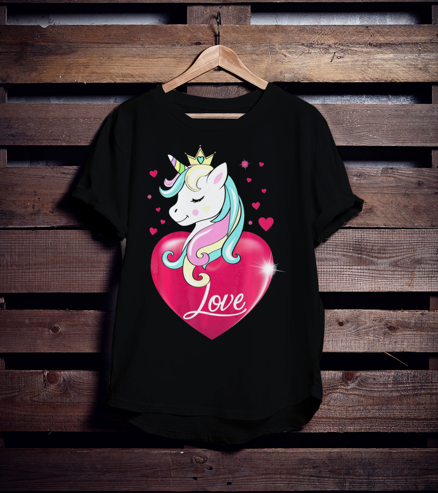 Love Heart Unicorn With Crown And Hearts Valentine's Day T-Shirt