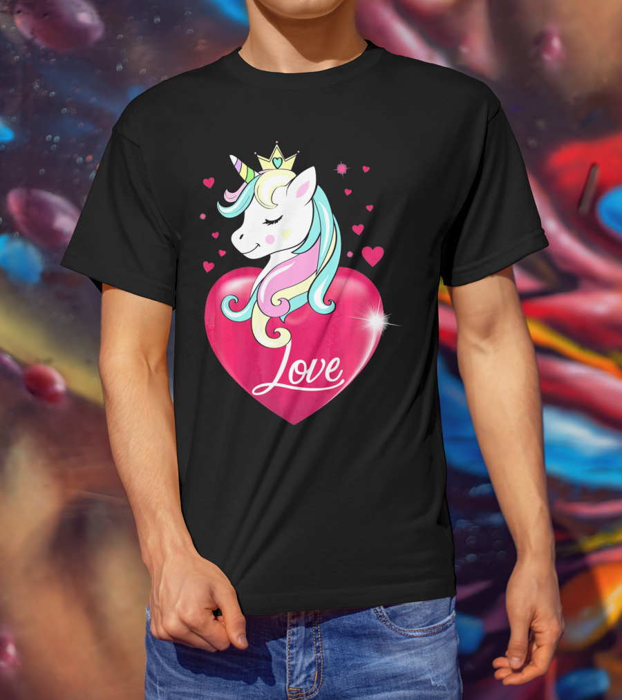 Love Heart Unicorn With Crown And Hearts Valentine's Day T-Shirt