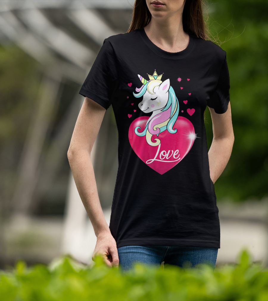 Love Heart Unicorn With Crown And Hearts Valentine's Day T-Shirt