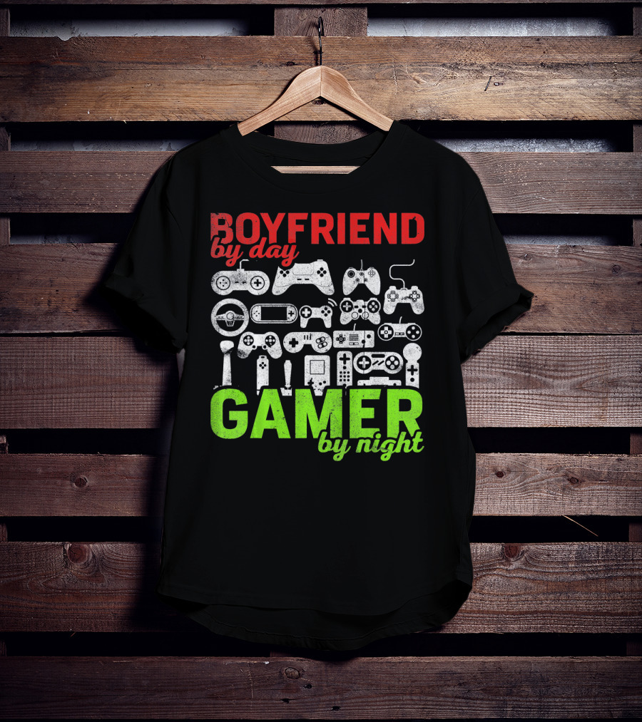 Boyfriend By Day Gamer By Night Valentines Day Gamer Controllers T-Shirt
