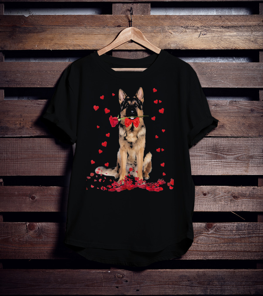 German Shepherd With Rose And Hearts Valentine's Day T-Shirt