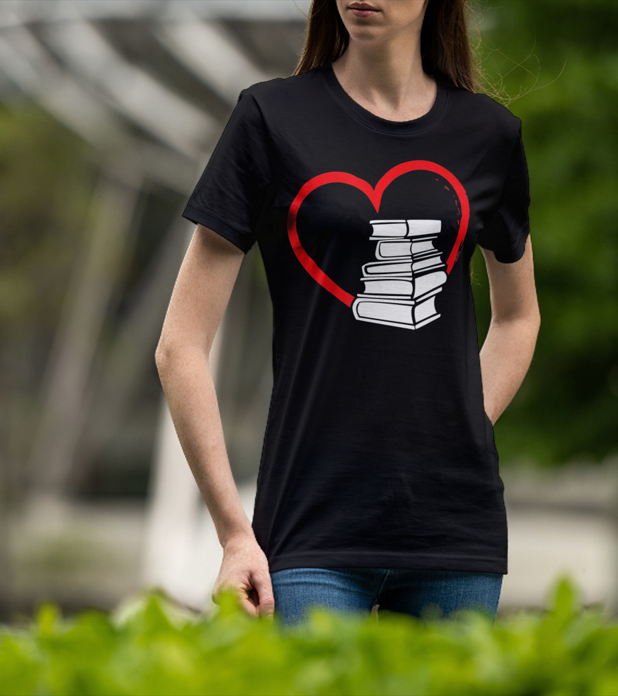 Heart And Book Stack For Book Lovers T-Shirt