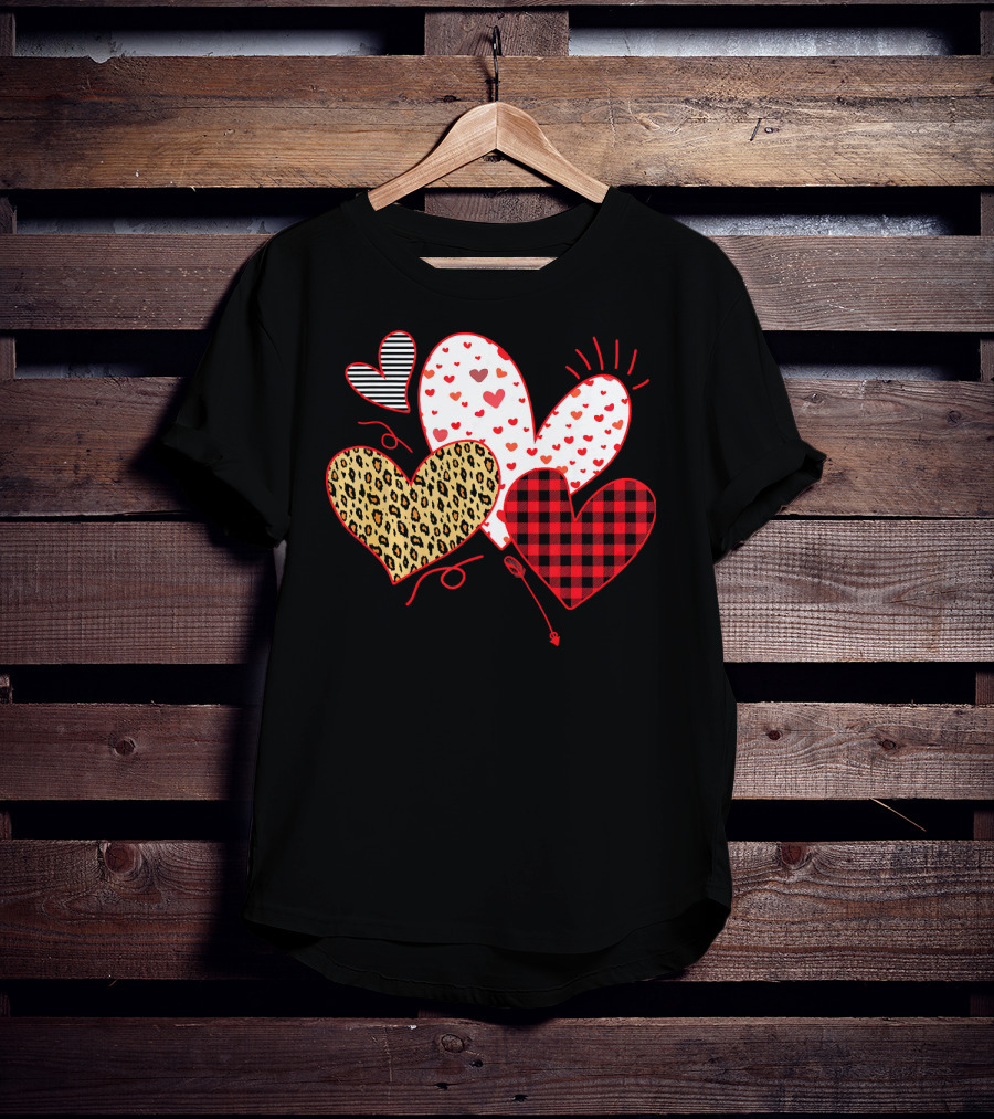 Girls Valentines Day Love Hearts Leopard Plaid T-Shirt