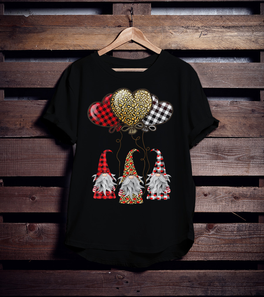 Gnomes Holding Heart Balloons With Buffalo Plaid And Leopard Print T-Shirt