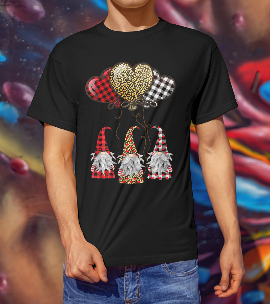 Gnomes Holding Heart Balloons With Buffalo Plaid And Leopard Print T-Shirt