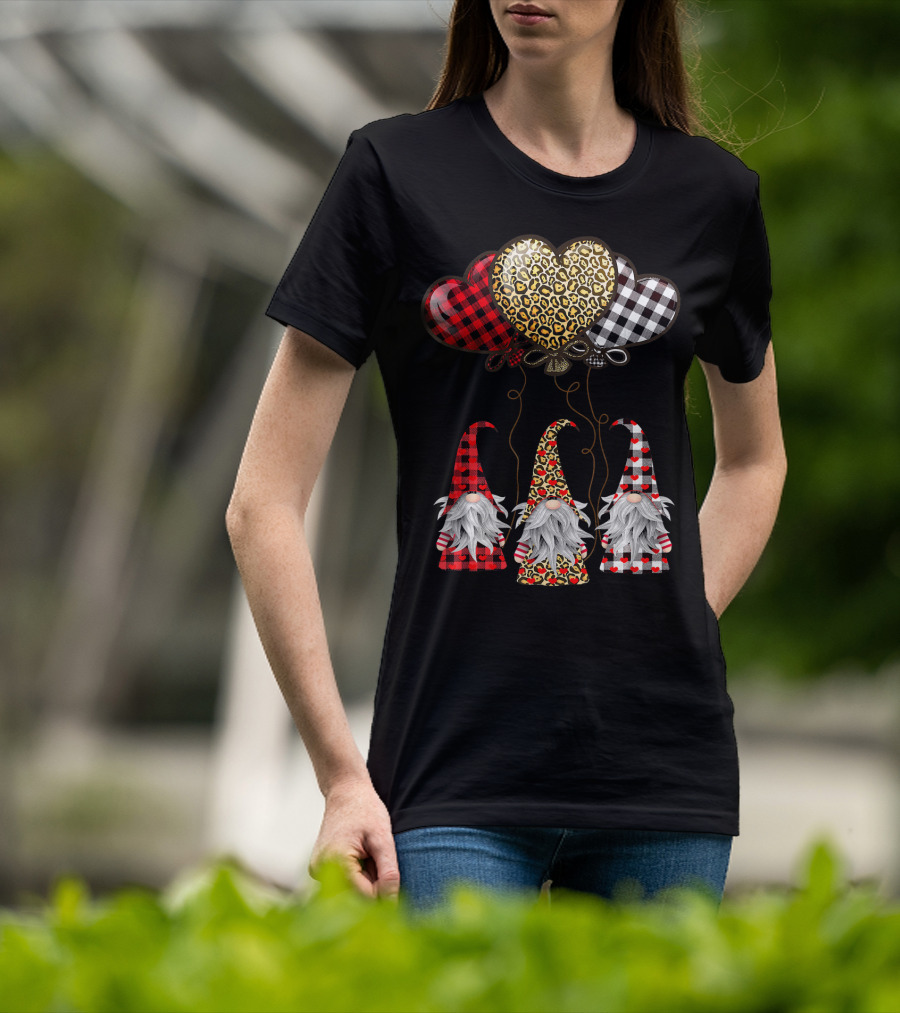 Gnomes Holding Heart Balloons With Buffalo Plaid And Leopard Print T-Shirt