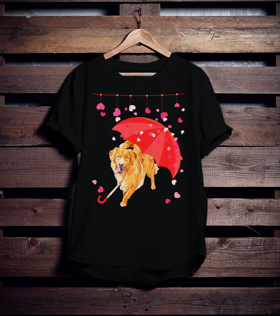 Golden Retriever With Umbrella And Falling Hearts Valentin T-Shirt