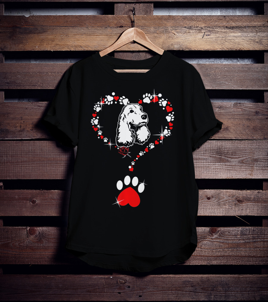 Happy Valentine Cocker Spaniel Dog Heart Paw Prints T-Shirt