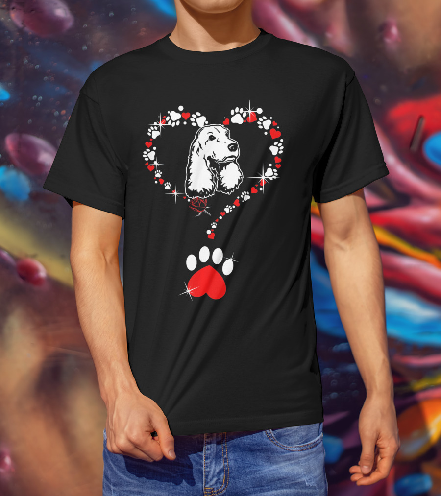 Happy Valentine Cocker Spaniel Dog Heart Paw Prints T-Shirt